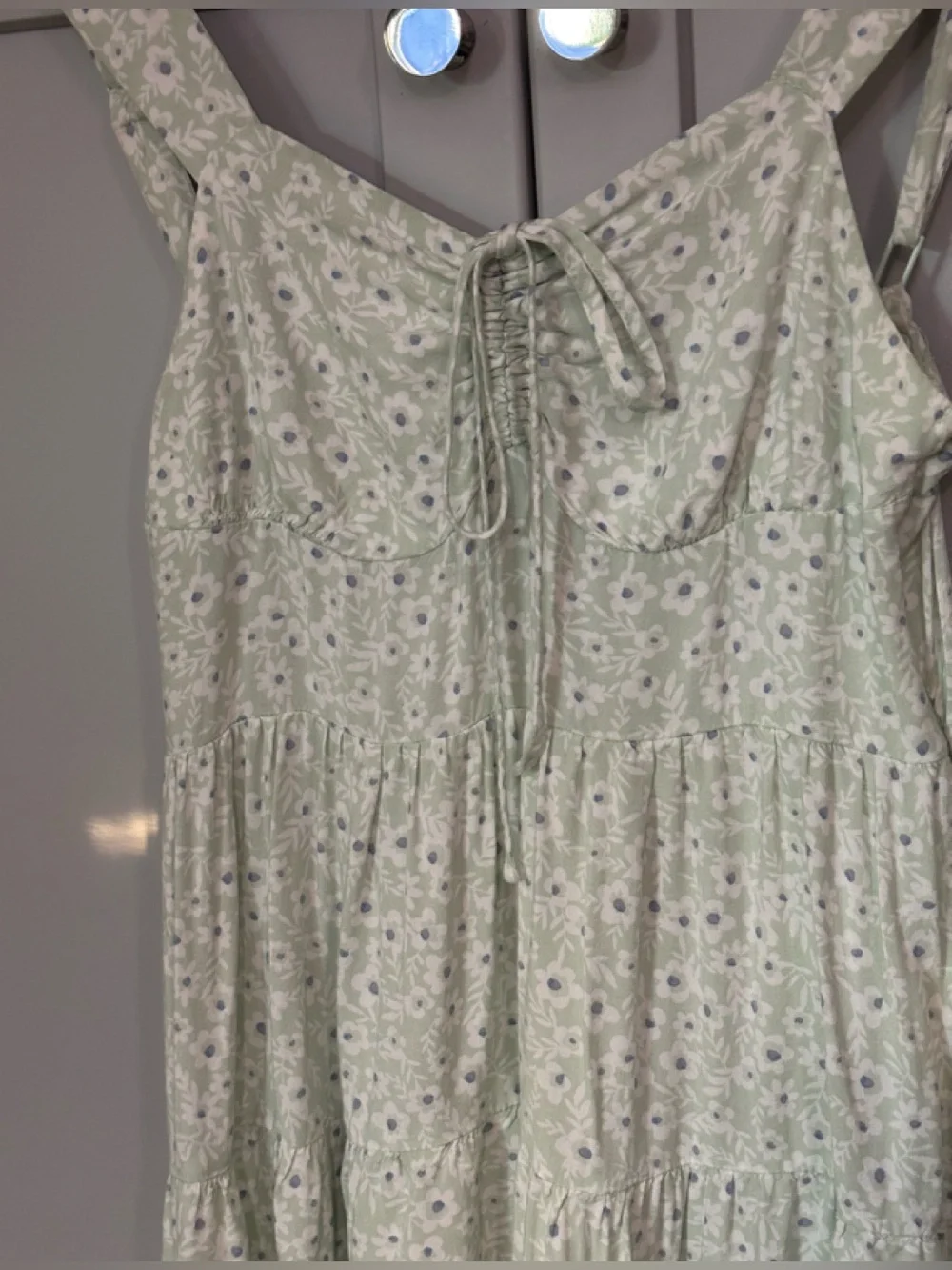 Cotton:On Floral Tiered Mini Dress Sage Green Floral Print Tie Front Size S
